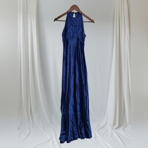 Vintage 90s Zum Zum Blue Satin Sequined Halter Dress Size 3/4